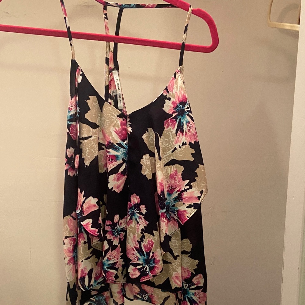 Collective Concepts Black Floral Spaghetti Strap Tank